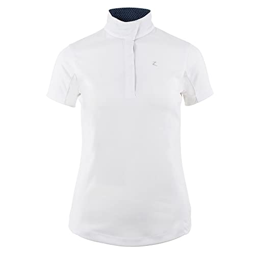 HORZE Blaire Women's Short Sleeved Nanotex Equestrian Riding Competition Show Shirt with UPF 30+ UV Protection - White/Dark Navy - 6